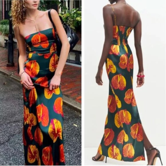 Reformation Dresses & Skirts - NWT Reformation Frankie Silk Maxi Dress Sz0/4/6 Daiquiri Orange Forest Green